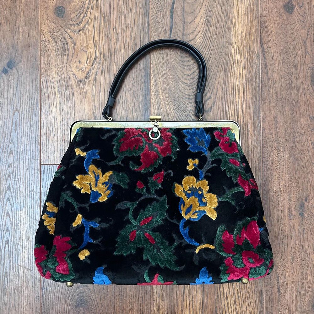 Vintage 50s 60s Floral Carpet Bag, Cara Chenille Tapestry Purse - Picture 4 of 9